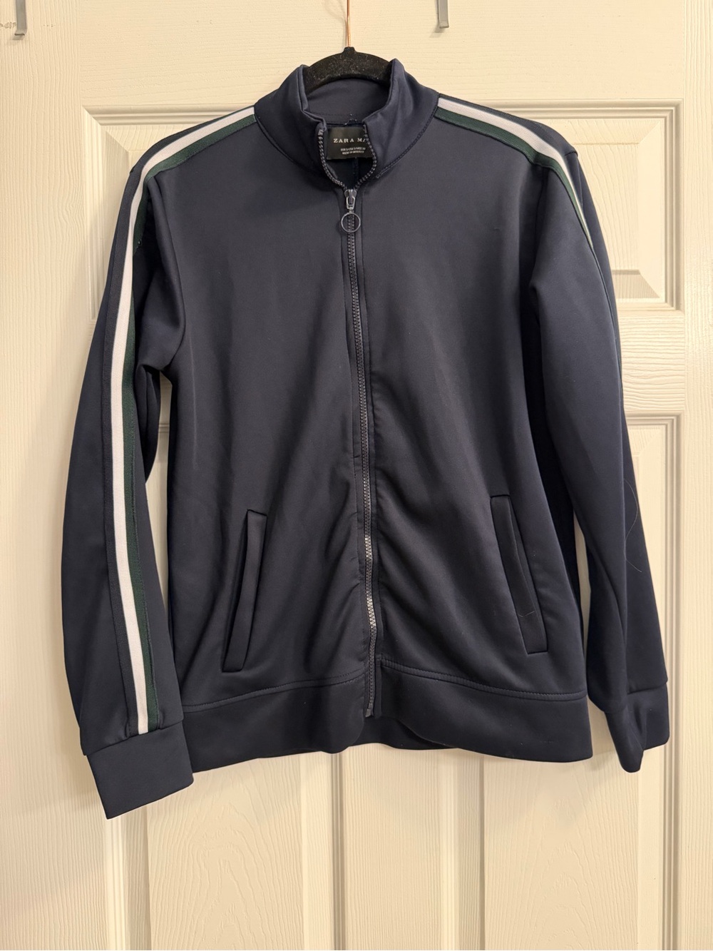 Zara Navy Zip-Up Track Sweater with Green and White Stripes